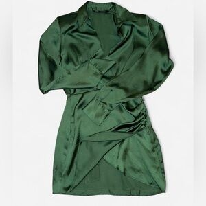 Zara Solid Green Sexy Crossover Hem Dress Size XS Emerald Elegant Mini